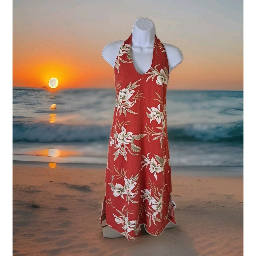 Tahiti Reef Club Sundress L Rust Floral Hawaiian Halter Smocked Back Rayon Beach